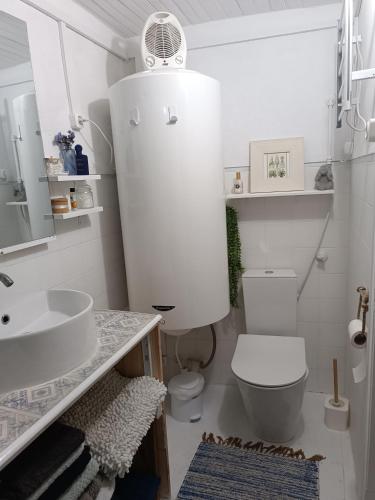 a white bathroom with a toilet and a sink at Chambre familiale chez "Casa Portuguesa", accès piscine-jardin-1h15 Lisboa in Chamusca