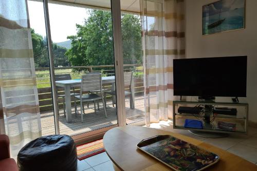 un salon avec une télévision et une grande fenêtre dans l'établissement Spacious apartment with pool, à Saint-Raphaël
