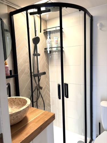 a shower with a glass door in a bathroom at De Polderhoeve in Heerhugowaard