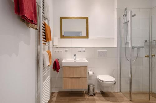 a bathroom with a toilet and a sink and a shower at Jogis Ferienwohnungen in Freiburg im Breisgau