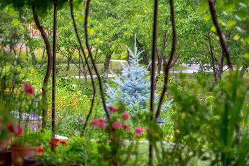 a blue pineapple in the middle of a garden at Valodia's Cottage in Vardzia