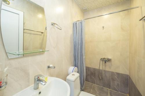 a bathroom with a sink and a shower and a toilet at Valodia's Cottage in Vardzia