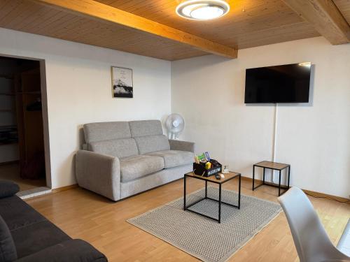 ein Wohnzimmer mit Couch und Flachbildfernseher in der Unterkunft Studio with lake and mountain view in Spiez