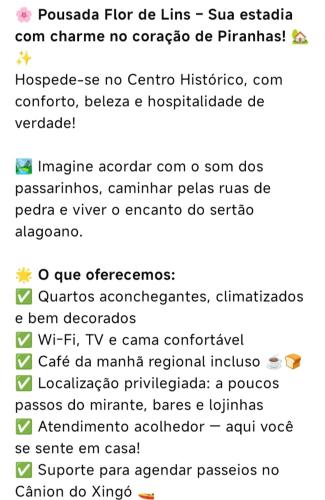 a screenshot of a cell phone with a list of commands at Pousada Flor de Lins in Piranhas