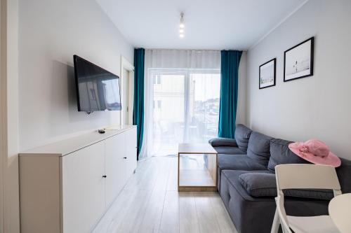 ein Wohnzimmer mit Sofa und Fernseher in der Unterkunft Baltic TUNNEL APART in Świnoujście