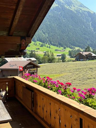 a balcony with flowers and a view of a mountain at Newly Renovated APT in Wispile Near the Park Hotel in Gstaad