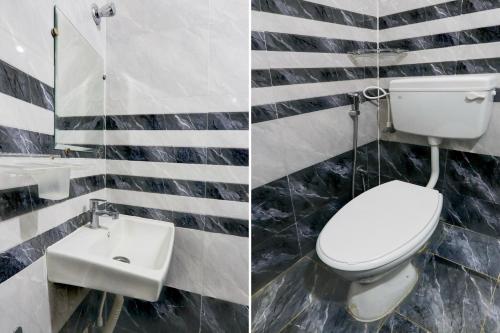 two pictures of a bathroom with a toilet and a sink at Super Collection O Sri Balaji Luxury rooms in Kondapur