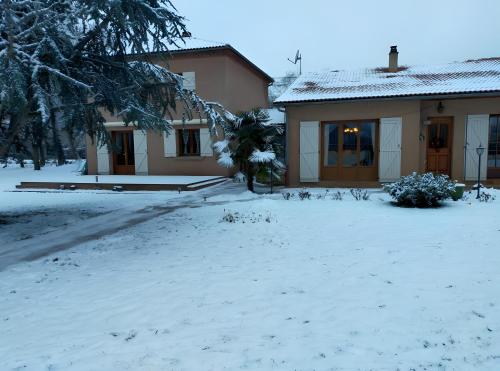 a house with snow on the ground in front of it at Gite De La Fermette Aubepines in Rentières