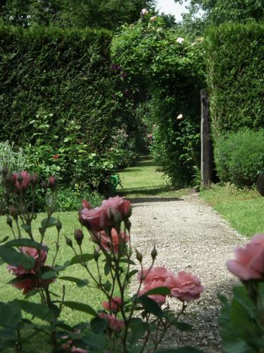 a garden with pink flowers and a pathway at Hof ter Wallen in Zoutleeuw