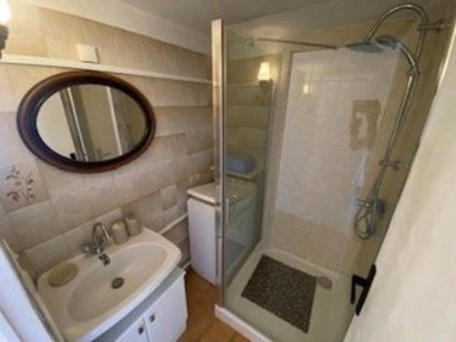 une salle de bain avec une douche, un lavabo et un miroir dans l'établissement Port-la-Nouvelle: T2 Mezzanine, Terrasse, Parking, à 300m de la Plage! - FR-1-229C-85, à Port-la-Nouvelle