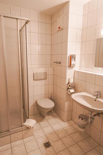 a bathroom with a toilet and a sink and a shower at Hotel Sonnenhof - Tante ALMA`s Sommerfrische in Sonnen