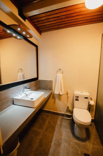 a bathroom with a sink and a toilet and a mirror at O'Neill's Cottage in Dikkapitiya