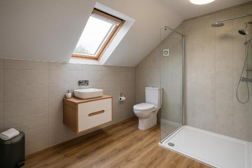 a bathroom with a toilet and a sink and a shower at 1 bed - Sleeps3 - Free Parking - 5 min to centre in Lincoln