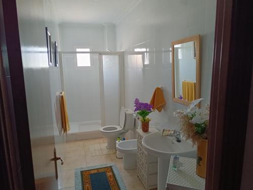 a white bathroom with two toilets and a sink at The terraces in Bácor