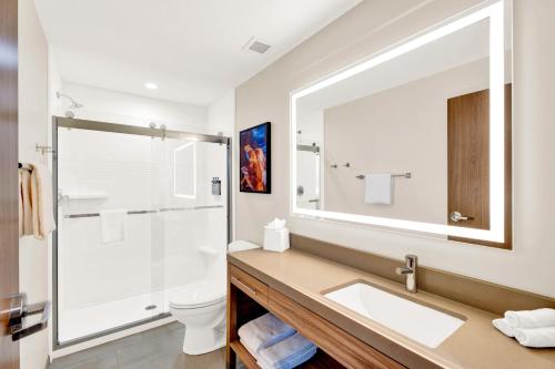 a bathroom with a sink and a toilet and a mirror at Candlewood Suites - Detroit - Auburn Hills by IHG in Auburn Hills