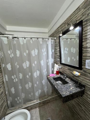 a bathroom with a shower curtain and a sink at Departamento Turistico Liro in Santa Lucía