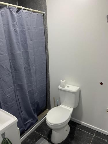 a bathroom with a toilet and a blue shower curtain at Guazuvira nuevo, sandú coast in Guazuvira