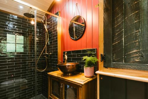a bathroom with a shower and a bowl on a table at Sycamore and Stars Off Grid Retreat in Grasby