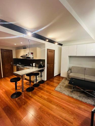 un salon avec une table et un canapé dans l'établissement Vieux Nice 2 pièces Appartement MONACO, à Nice