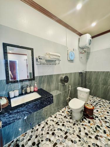 a bathroom with a toilet and a sink and a mirror at Tuan Ngoc Hotel in Ninh Binh