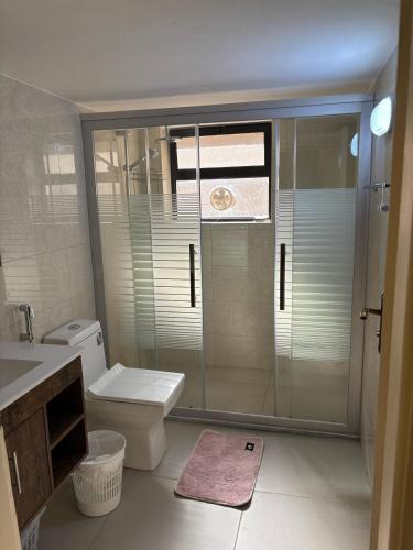 a bathroom with a shower and a toilet and a sink at Modern 2BR in Trendy Jabal AlWebdeh with View in Amman