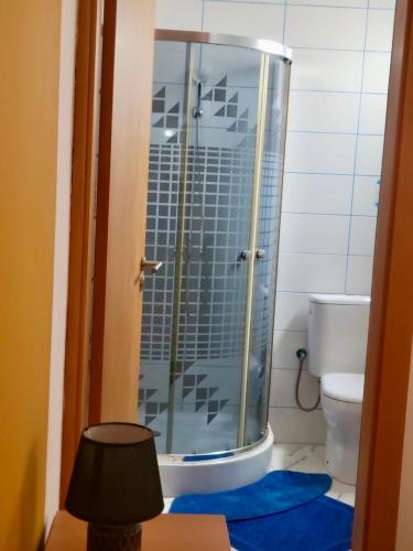 a glass shower in a bathroom with a toilet at Maison Mima in Tarrafal