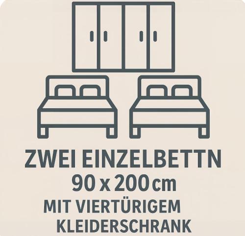 two beds in a bedroom with the words mertineelin mertineelin at Fowo-Mangfalltal Erholung am Fluss Nähe München schnelle Anbindung zum Oktoberfest in Bruckmühl