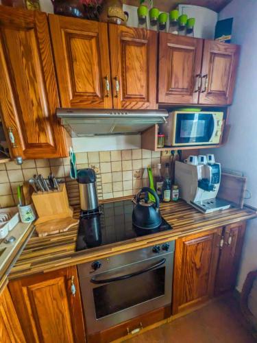 a kitchen with wooden cabinets and a stove top oven at Chata u Rybníka in Žďár nad Sázavou
