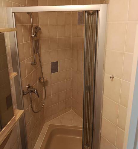 a bathroom with a shower with a tub at Residenz Sachsensteinblick in Bad Sachsa