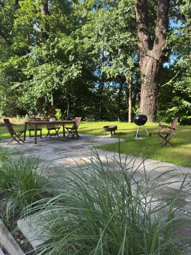 a picnic table and a grill in a park at Two Tangerines in Milicz
