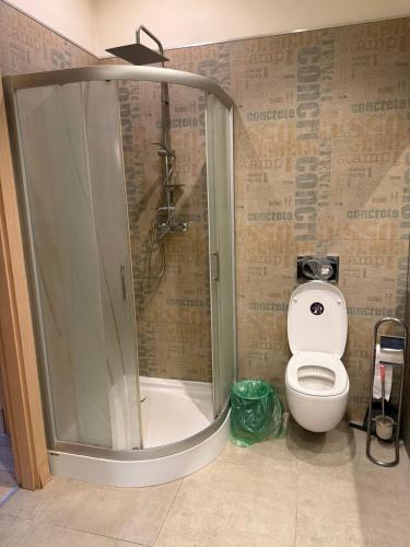 a bathroom with a shower and a toilet at 1904 Studio in Świnoujście
