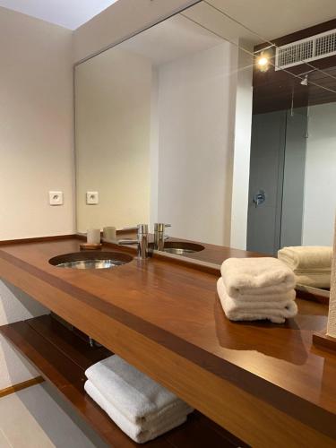 une salle de bain avec un lavabo et un grand miroir dans l'établissement Les bois de Capra Scorsa, à Belgodère