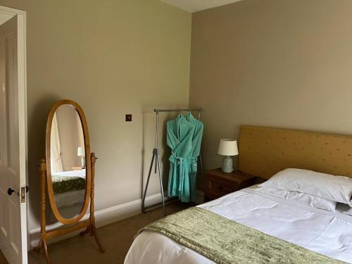 a bedroom with a bed and a mirror next to a bed at Dernacally House and Spa in Carrigans