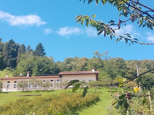 a large building in a field with trees in the background at Agriturismo La Casa Nei Boschi in Colderù
