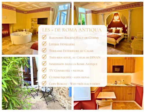 a collage of pictures of a hotel room at Roma Antiqua - Suite avec Balnéo - Centre historique in Dinan