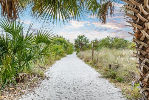 a path leading to a beach with palm trees at Heat of Siesta Village Walk to Beach w heated Pool in Siesta Key