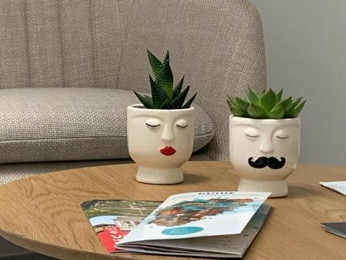 two vases with faces on them on a table at Votre Inndependance dans le Jura in Dampierre