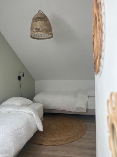 a bedroom with two twin beds and a lamp at La petite Maison Mima in Le Champ-sur-Layon