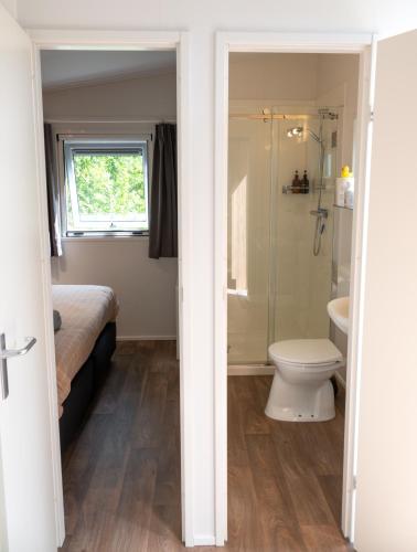 a bathroom with a toilet and a shower and a sink at De Zilte Zeehoeve in Ellemeet