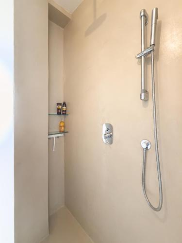 a shower in a bathroom with a glass door at Great Lake View Artist's Apartment in Ispra
