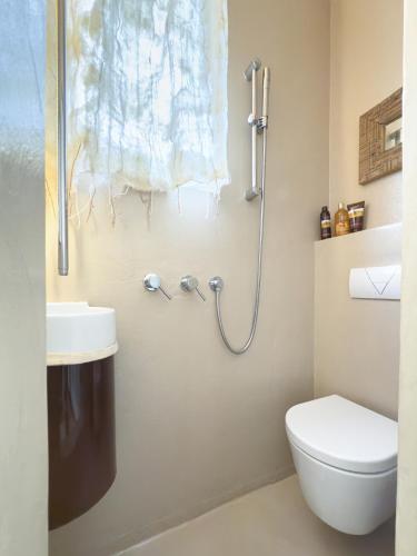 a bathroom with a shower and a toilet and a sink at Great Lake View Artist's Apartment in Ispra