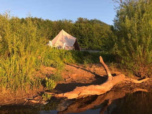 a yurt in the middle of a field next to a river at Aberllynfi Riverside Guest House in Glasbury