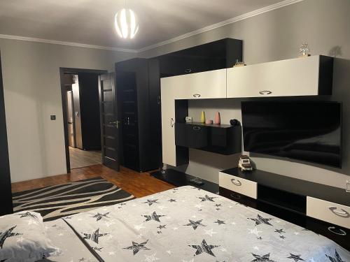 a bedroom with a bed and a tv on the wall at Cazare Bârlad 4 in Bîrlad