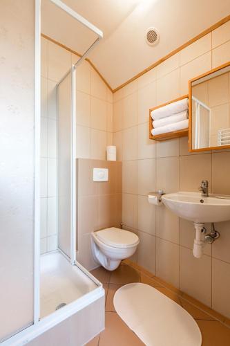 a bathroom with a shower and a toilet and a sink at Szymonówka W Szklarskiej Porębie in Szklarska Poręba