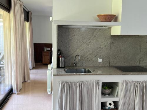 a kitchen with a sink and a counter top at Cal Cisteller in Santa Pau