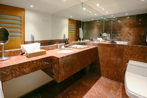 a bathroom with a sink and a toilet and a mirror at Camino Real Polanco Mexico in Mexico City