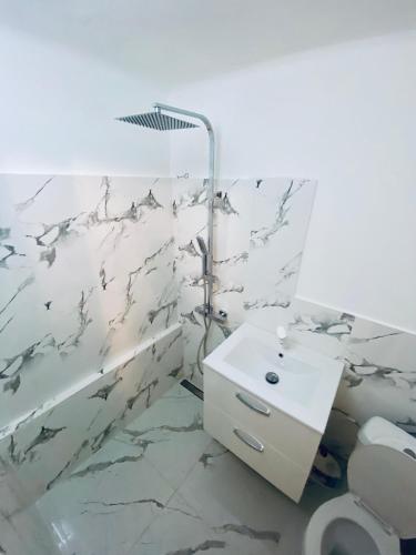 a bathroom with a white sink and a shower at Closca Apartment 2 in Floreşti
