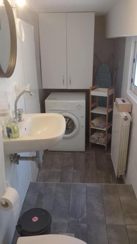 a bathroom with a sink and a washing machine at House with fruit trees, olive trees, and sea view. in Vathý