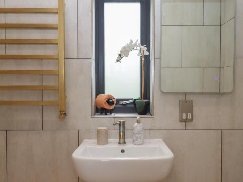 a bathroom sink with a mirror and a window at The Bickleigh in Tiverton