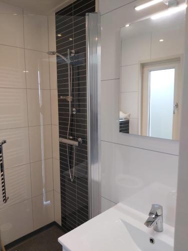 a bathroom with a shower and a sink and a mirror at Lakeside Retreat at Veluwe in Nunspeet
